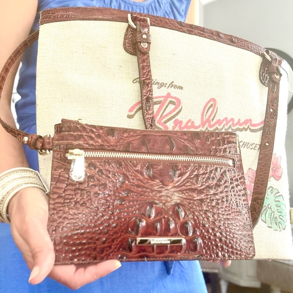 NWT Brahmin Pecan Pipa Leather and canvas Tote Bag and wristlet - Picture 14 of 14